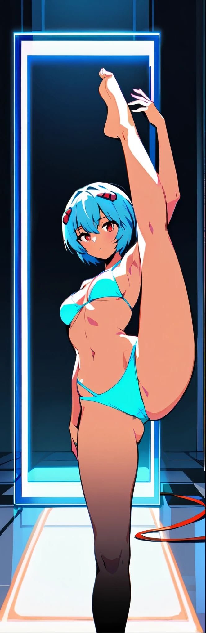 snfw,(highest quality:1.2),1 girl,alone,Are standing_Split,AYANAMI REI,(white slingshot bikini:1.2)、short hair,blue hair,bangs,interface headset,hair between eyes,pixelated background,neon light,SF color scheme,Bright colors,metallic texture,detailed shading,Holographic interface,dark atmosphere,high contrast,sharp focus,twig of hair,Reflective surface,exquisite details,High resolution,studio lighting,Red accents,Illuminated environment,artificial intelligence assistant