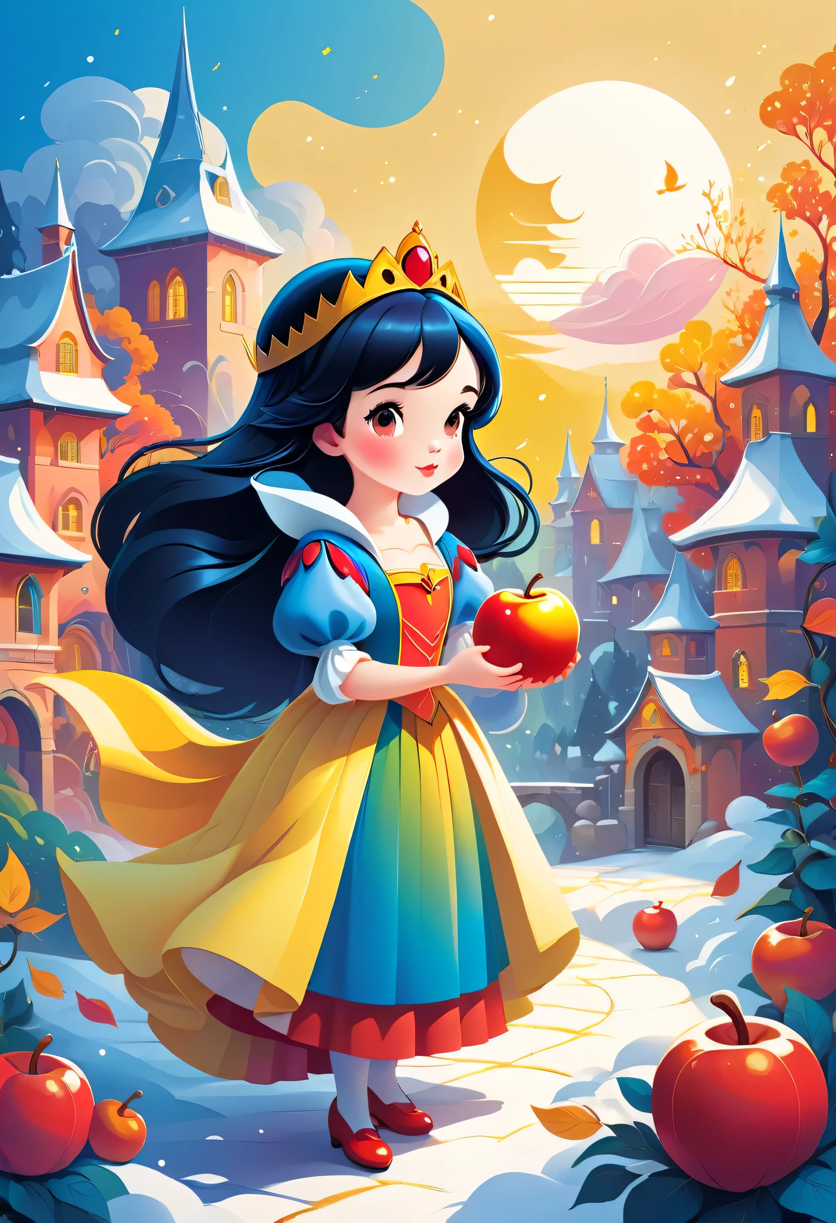 vector illustration:cute cartoon forest, null,snow white, adobe illustrator,draw with thick lines,,cute,pop,Gentle color,Cast colorful spells,nice background image,masterpiece,best masterpiece,Light and shadow,draw carefully,,Bright colors,fantasy,fancy,rendering,magic element,