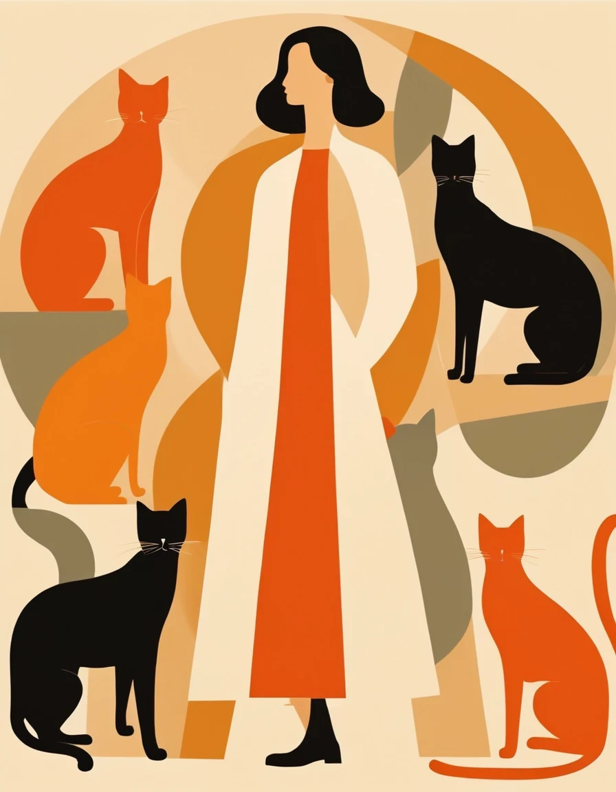 A beautiful woman standing in the middle, by cats.in the style of figurative minimalism, warm color palette, utilitarian, organic shapes and lines, illustration, danish design, animals and people.The image has a sense of grain.