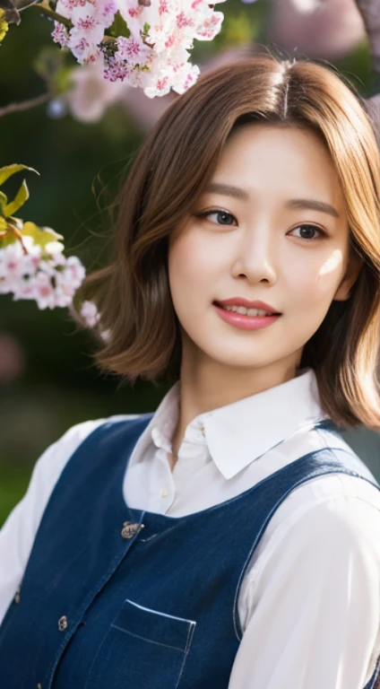 Cherry tree、Long Gilet、open chest、I'm not wearing anything inside、whole body、NiziUAYAKA、 4K、1people's women、slender、 Loose wavy styling 、seductive and attractive、Including face and skin texture.,detailed eyes、A soothing expression with a smile