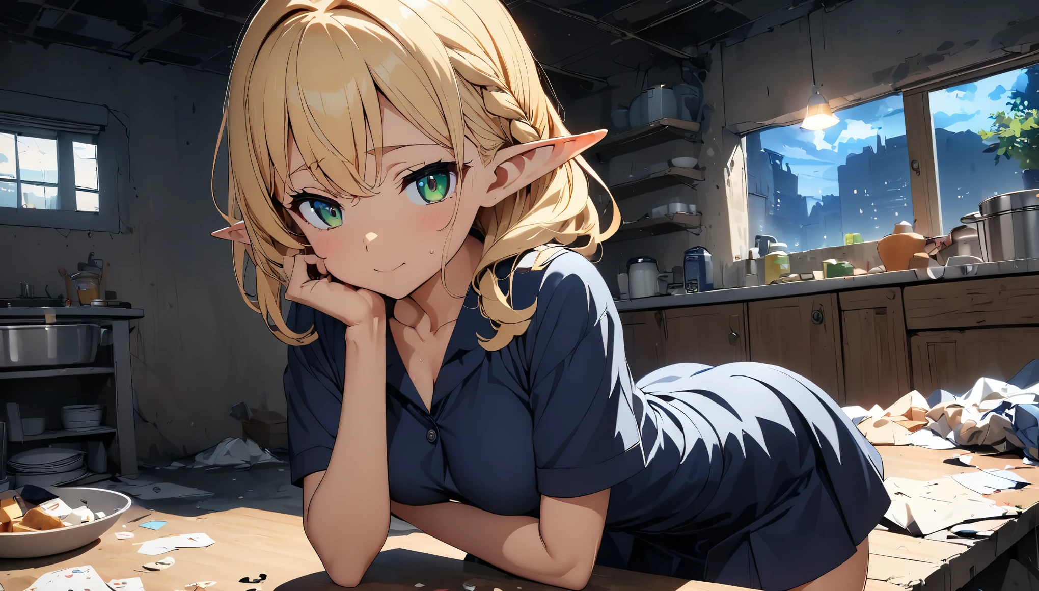 Reines, 1girl, high quality, best quality, illustration, masterpiece, (highly detailed:1.2), (extremely detailed:1.3), flat chest, sleeveless hoodie, young girl, mini skirt, braid, (children:1.2), slender thighs, (sweaty:1.2), , in a house, sitting on chair, selfie, smiling