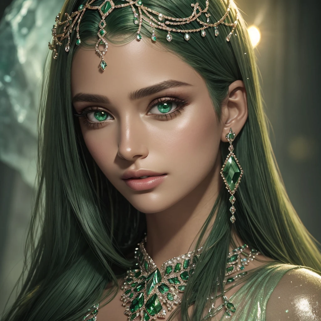 best quality,ultra-detailed,realistic,crystal green,portrait,studio lighting,sharp focus,detailed eyes,detailed lips,green geode crystals,sparkling gemstones,glowing light,serene expression