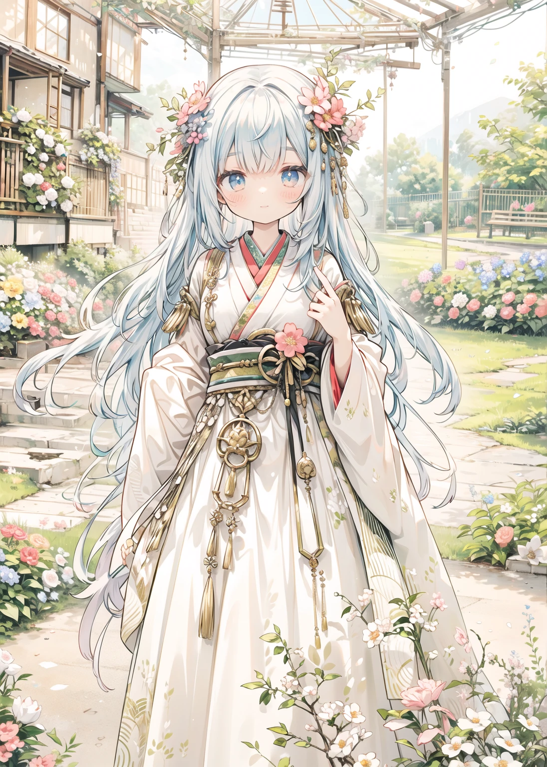 Goddess presiding over spring, Japanese attire, soft smile, spring, ephemeral, fields, spring flowers, natural light, daylight, 