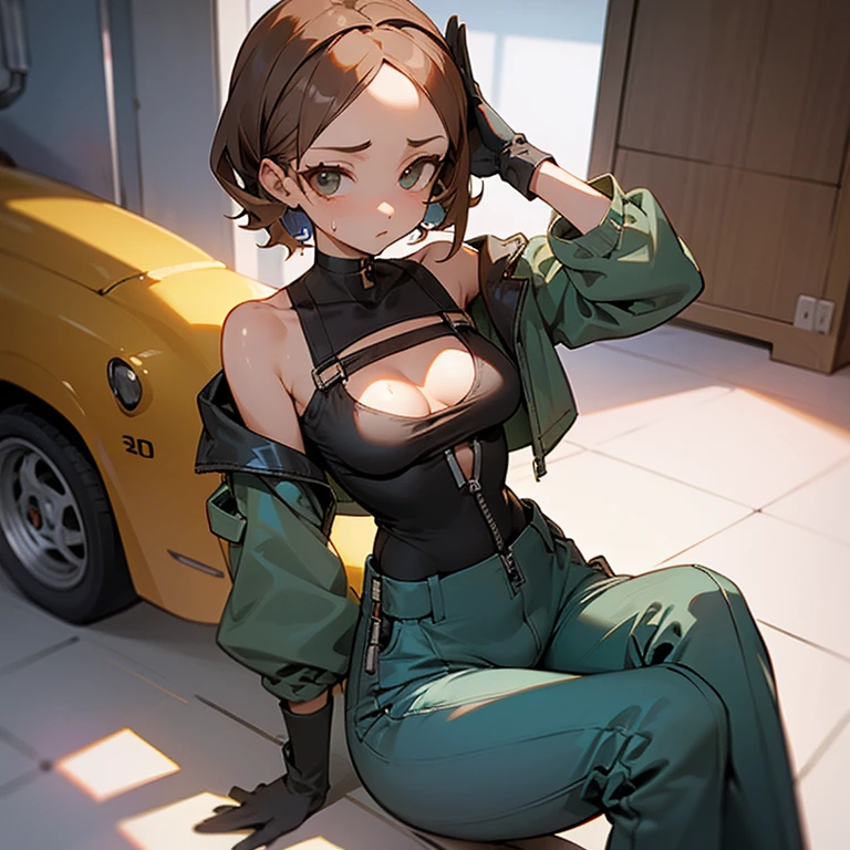 sitting、slender、big breasts、Goggles on foreheadをつけている、small ass、A slender and delicate mechanic girl、Roomy clothes、Dowel dowel trousers、oversized cargo pants、It's a bellybutton、Front zip high neck top、super cutout design、bare shoulders、off shoulder、work gloves、Goggles on forehead、hold a wrench in one hand、brown skin、Middle hair、slender、big breasts、cleavage、choker、high leg pants、hot air、Sweat、