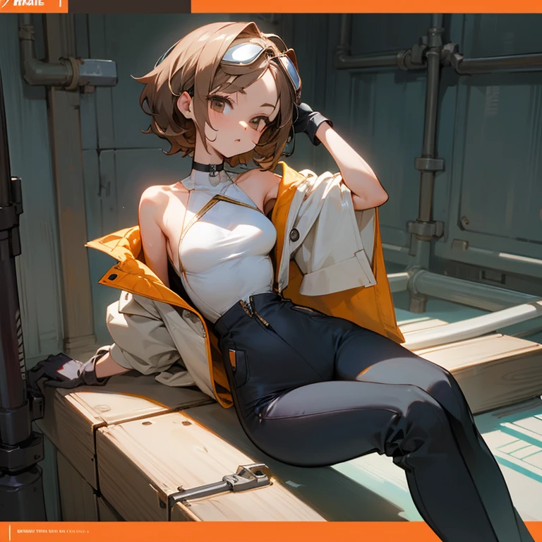 sitting、slender、big breasts、Goggles on foreheadをつけている、small ass、A slender and delicate mechanic girl、Roomy clothes、Dowel dowel trousers、oversized cargo pants、It's a bellybutton、Front zip high neck top、super cutout design、bare shoulders、off shoulder、work gloves、Goggles on forehead、hold a wrench in one hand、brown skin、Middle hair、slender、big breasts、cleavage、choker、high leg pants、hot air、Sweat、