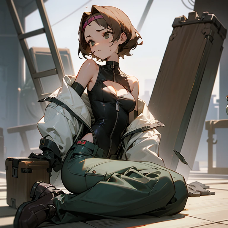 sitting、slender、big breasts、Goggles on foreheadをつけている、small ass、A slender and delicate mechanic girl、Roomy clothes、Dowel dowel trousers、oversized cargo pants、It's a bellybutton、Front zip high neck top、super cutout design、bare shoulders、off shoulder、work gloves、Goggles on forehead、hold a wrench in one hand、brown skin、Middle hair、slender、big breasts、cleavage、choker、high leg pants、hot air、Sweat、