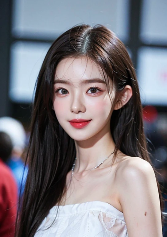 Strait realistic Portrait, 18 years old girl, beautiful girl, 1 girl, look at viewer, long hair, (((small chest, wraist))), high detailed face, realistic human skin, double eyes lid, innocent smile, (((nuded))),