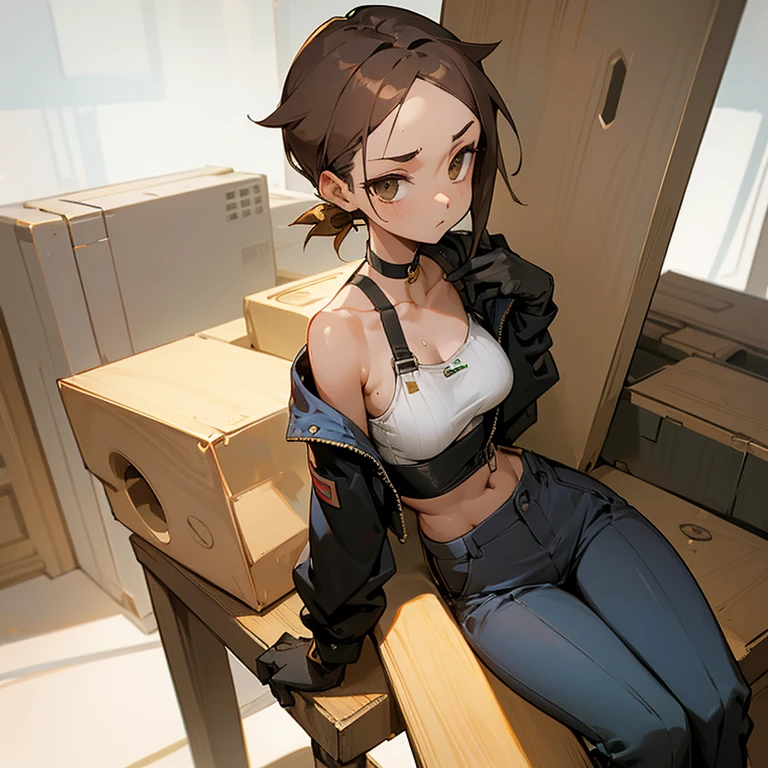 sitting、slender、big breasts、Goggles on foreheadをつけている、small ass、A slender and delicate mechanic girl、Roomy clothes、Dowel dowel trousers、oversized cargo pants、It's a bellybutton、Front zip high neck top、crop top、bare shoulders、off shoulder、work gloves、Goggles on forehead、hold a wrench in one hand、brown skin、Middle hair、slender、big breasts、cleavage、choker、high leg pants、hot air、Sweat、