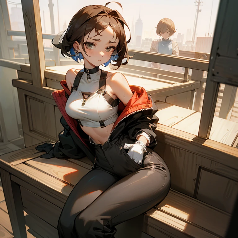 sitting、slender、big breasts、Goggles on foreheadをつけている、small ass、A slender and delicate mechanic girl、Roomy clothes、Dowel dowel trousers、oversized cargo pants、It's a bellybutton、Front zip high neck top、crop top、bare shoulders、off shoulder、work gloves、Goggles on forehead、hold a wrench in one hand、brown skin、Middle hair、slender、big breasts、cleavage、choker、high leg pants、hot air、Sweat、
