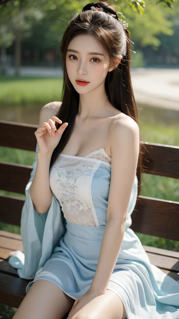 (1girl:1.3), sexy pose, slim body, (photorealistic:1.4), (masterpiece, top quality, best quality, official art), extreme detailed, highest detailed, (ultra-detailed), ((an extremely delicate and beautiful)), cinematic light, (realisticlying:1.3), (highdetailskin:1.2), high resolution, 8K UHD, 4K, 8K, Bokeh, digital SLR camera, absurderes, Optimal proportions of four fingers and one thumb, in the park with trees,sitting on bench, ((silky long hair)), (brown hair), tears, beautiful face, perfect face, highly detailed beautiful face, Cute, shy,blush, dynamic angle, from above,looking at viewer, wearing Tulle Overlay Camisole dress
