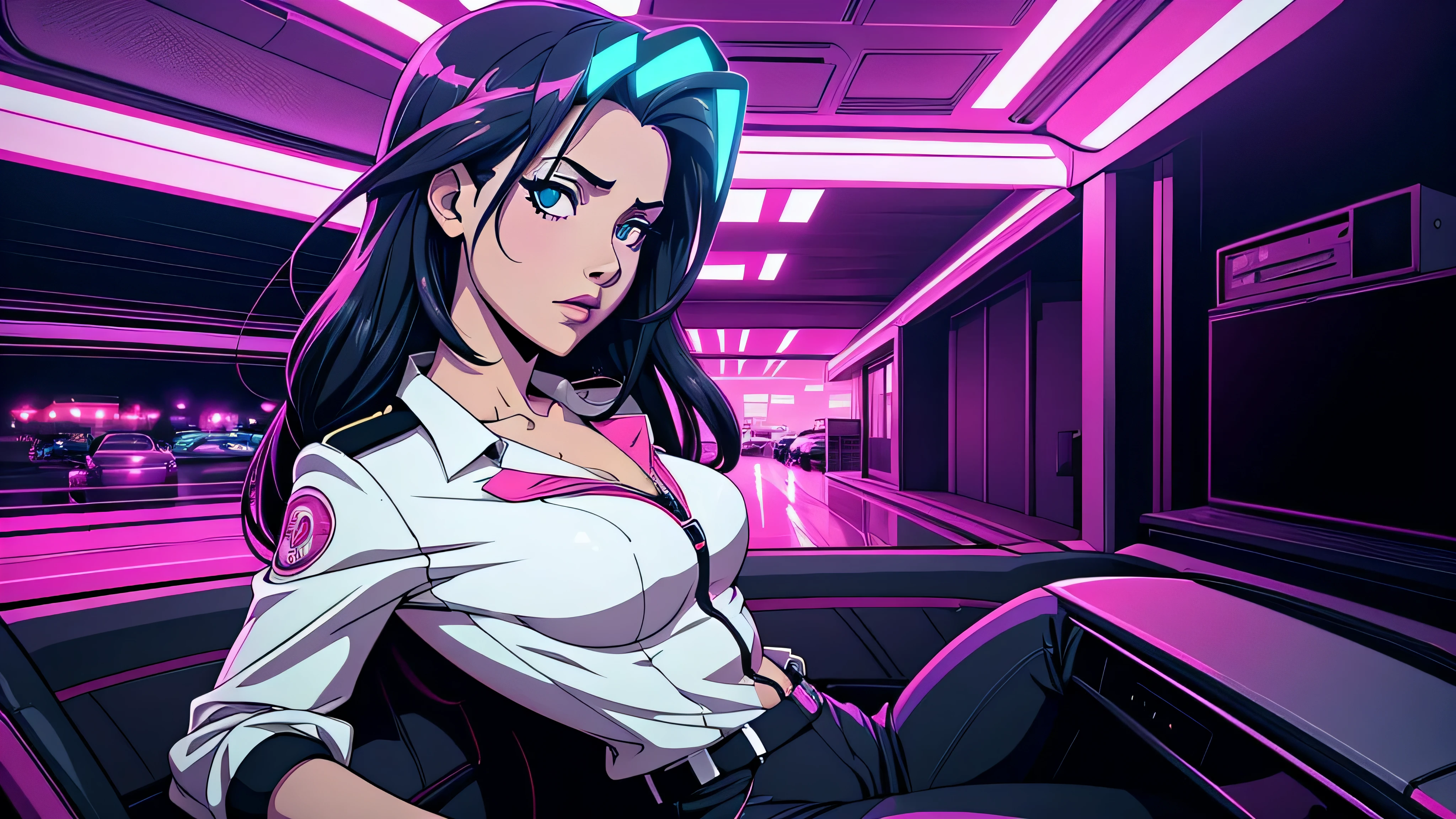 garota de anime, corpo inteiro, pernas, ta, piloto, na frente de um carro, segurando um capacete, carro, Capa do álbum Anime Phonk Brain Sick, musica, ondas sonoras, com cores rosa e preto neon