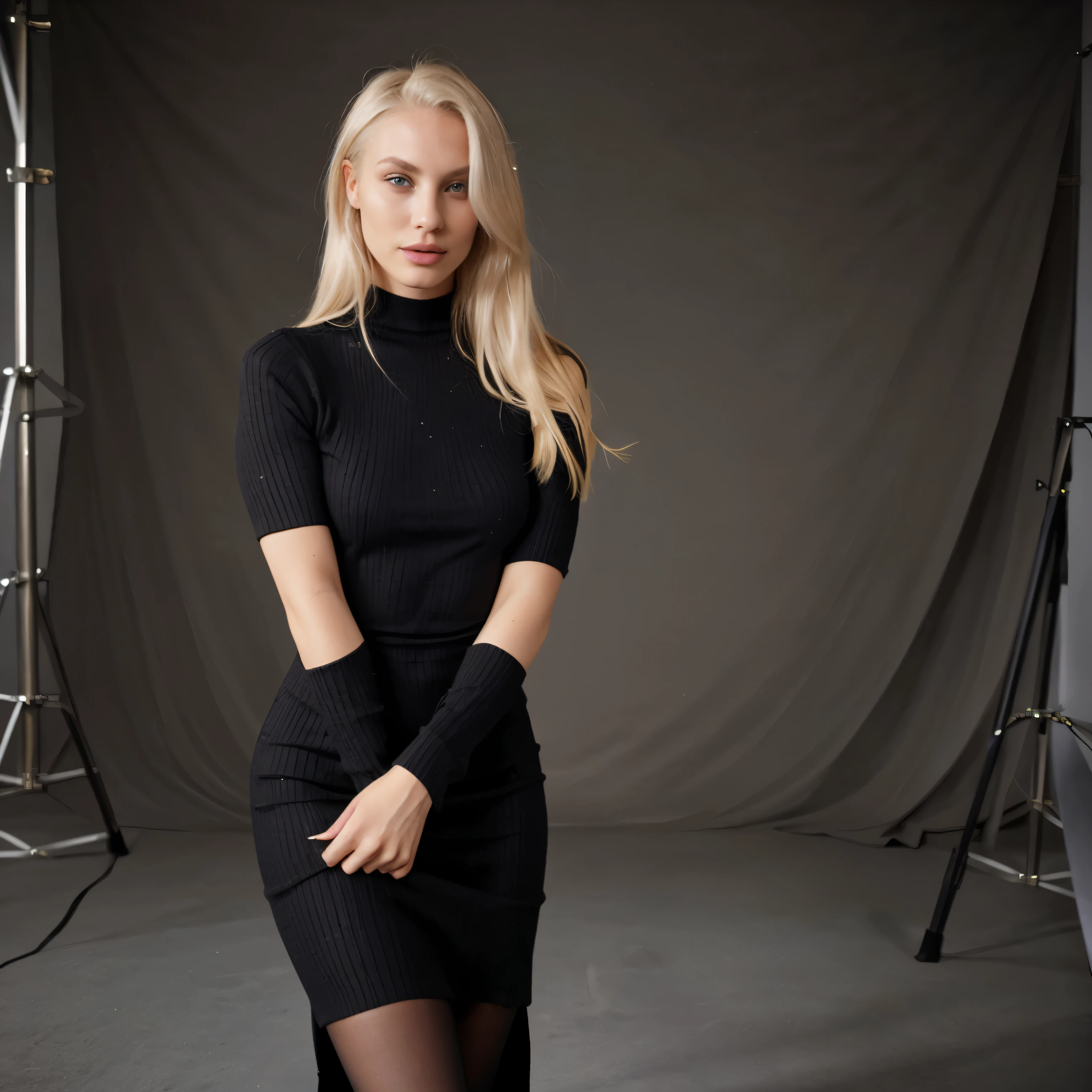 Aria, 24 year old platinum blonde model with nice body, slightly curvy body, and big . Doing a photo shoot for Fashionova, wearing a black mini knit dress. Ensure the background setting is similar to a Fashionova photo shoot