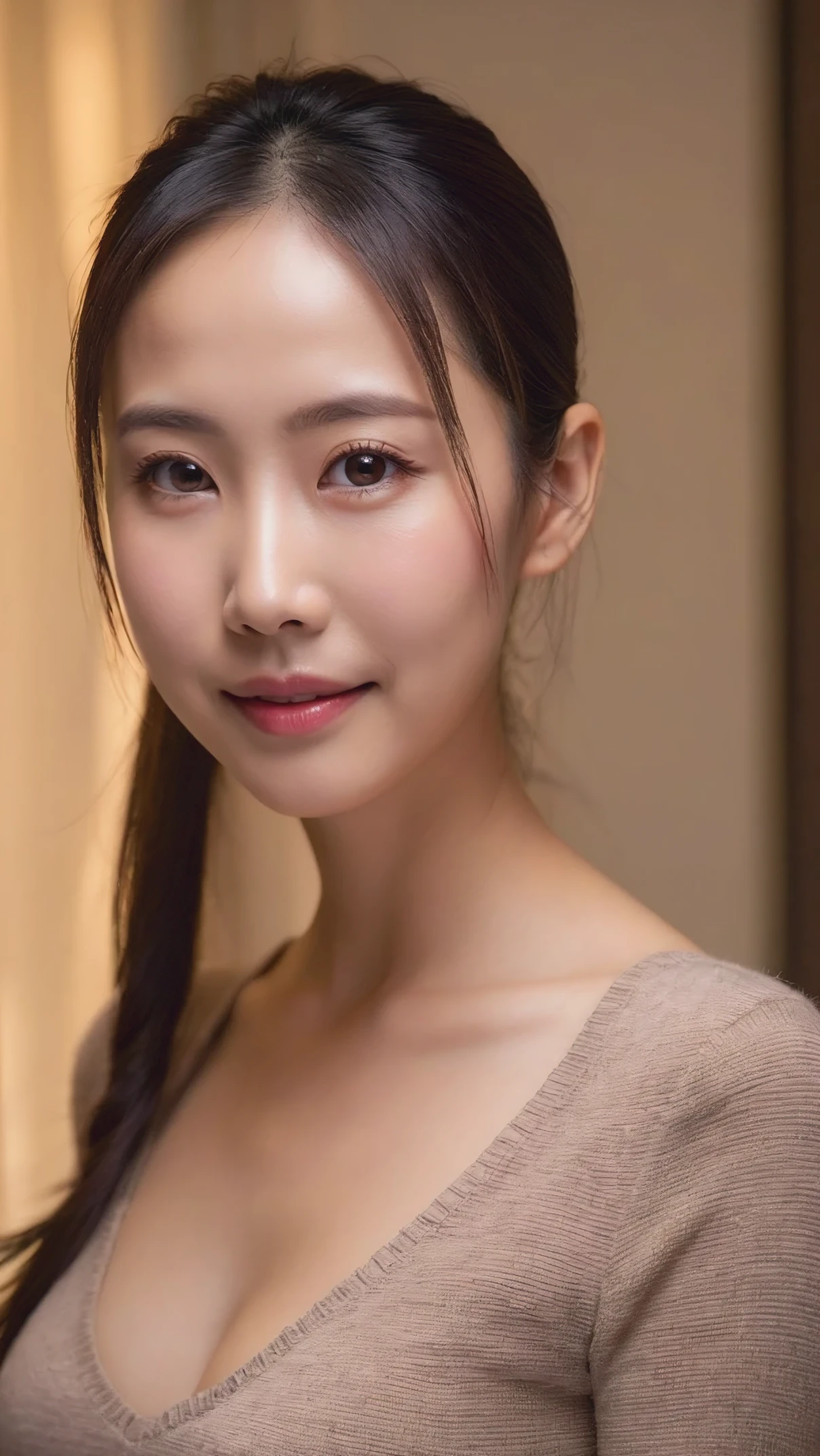 Ponytail，34 year old Japanese woman, 
(dark brown eyes, pupil, beautiful eye details, There is light in the eyes:1.2), (rough skin:1.4),(uneven skin tone:1.6),(old smile),
(professional lighting), Luxurious indirect lighting,
Located in the luxury lounge,