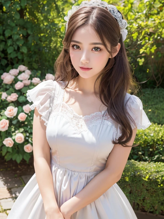 (best quality,4k,8k,highres,masterpiece:1.2),ultra-detailed,(realistic,photorealistic,photo-realistic:1.37),A beautiful 20-year-old girl in a maid outfit,[bright red, vibrant blue, pure white] color palette,long flowing hair,expressive eyes with long eyelashes,rosy cheeks,delicate eyebrows,luscious lips that have a natural pink tint(eye-catching:1.1),(charming, captivating),standing pose, proud and confident,moderate daylight shining on her,soft shadows highlighting her features,flawless skin with a slight glow,crisp and intricate details on the outfit, lace and frills,(shiny satin:1.1),(neat white apron, ornate headband),(clean, tidy),background with a grand Victorian-style manor garden,green hedges creating a picturesque boundary,(vibrant roses, blooming flowers, lush greenery),a gentle breeze swaying the flowers,golden fairy-like dust particles dancing in the air,creating a dreamlike atmosphere,(artistic rendering, soft lines),(elegant, graceful),(implied story within the scene),creating a sense of mystique and adventure,charming and captivating viewers.