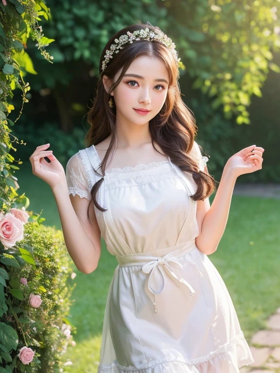 (best quality,4k,8k,highres,masterpiece:1.2),ultra-detailed,(realistic,photorealistic,photo-realistic:1.37),A beautiful 20-year-old girl in a maid outfit,[bright red, vibrant blue, pure white] color palette,long flowing hair,expressive eyes with long eyelashes,rosy cheeks,delicate eyebrows,luscious lips that have a natural pink tint(eye-catching:1.1),(charming, captivating),standing pose, proud and confident,moderate daylight shining on her,soft shadows highlighting her features,flawless skin with a slight glow,crisp and intricate details on the outfit, lace and frills,(shiny satin:1.1),(neat white apron, ornate headband),(clean, tidy),background with a grand Victorian-style manor garden,green hedges creating a picturesque boundary,(vibrant roses, blooming flowers, lush greenery),a gentle breeze swaying the flowers,golden fairy-like dust particles dancing in the air,creating a dreamlike atmosphere,(artistic rendering, soft lines),(elegant, graceful),(implied story within the scene),creating a sense of mystique and adventure,charming and captivating viewers.