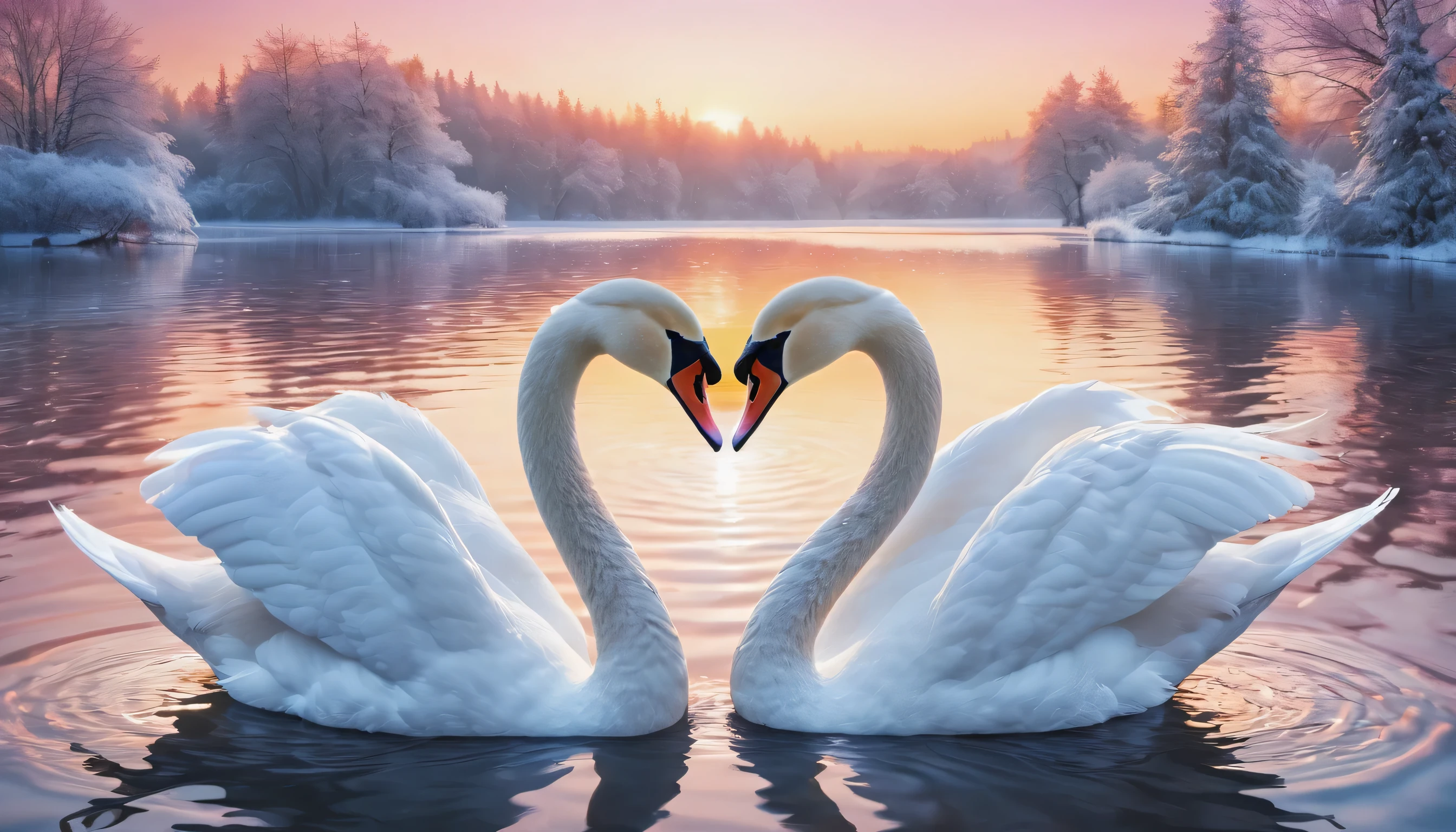 a couple of swans making a heart shape in winter lake,beautiful swan,stylized swan,romantic scene,heart shape,morning daylight,winter lake,(best quality,4k,8k,highres,masterpiece:1.2),winter scenery,blossoming rose flowers,vibrant colors,serene atmosphere)