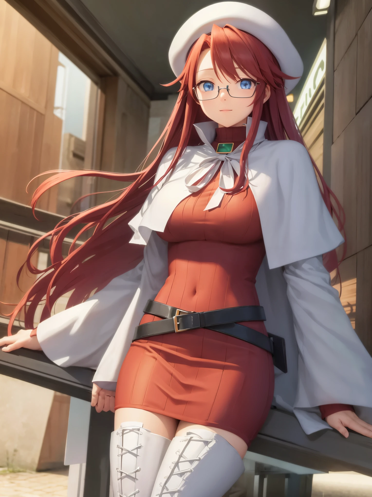 summonnightaty, aty, long hair, blue eyes, red hair, beret, hat, glasses,
BREAK long hair, thighhighs, hat, dress, boots, glasses, belt, cape, sweater, zettai ryouiki, beret, thigh boots, white footwear, ribbed sweater, loose belt,solo,
BREAK outdoors, fantasy_town,
BREAK (masterpiece:1.2), best quality, high resolution, unity 8k wallpaper, (illustration:0.8), (beautiful detailed eyes:1.6), extremely detailed face, perfect lighting, extremely detailed CG, (perfect hands, perfect anatomy),covered_nipples,covered_navel,light_smile ,(half_eyes:1.4),sword,armpit,sleepy,sitting_on_the_barrel,barrel,red_sweater,apart_legs,