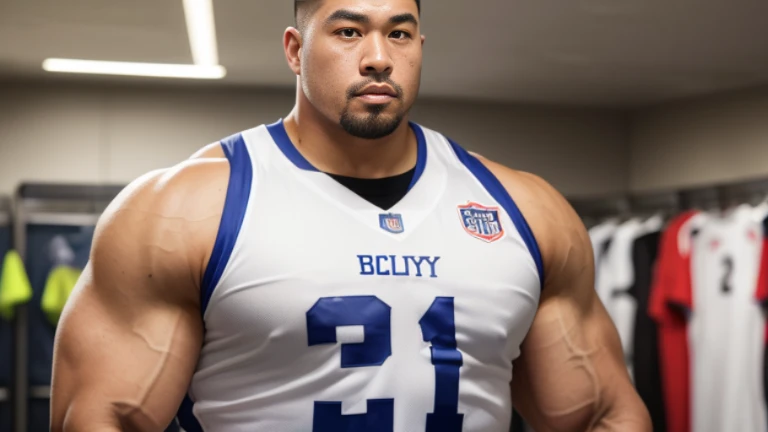 inside club locker room, facing each other, (football jersey:1.2), Japanese man, Chinese man, Korean man, Taiwanese man, manly face, round face, monolid eyes, (buzz cut:1.3), very large and strong body, bulging muscles, very large pectoral muscles, muscular arms, muscular abs, muscular legs, muscular back, brightens oily skin, master piece, realistic, panorama, distant view