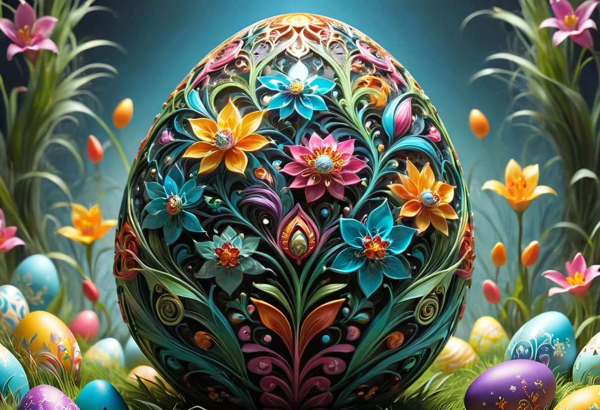 Fractal design art on the theme of Easter eggs. Zen art,Complex bizarre, vector illustration in two dimensions, Complexity of metallized saturated colors, whimsical, dream-like aura, flat design strategy, main focus on the subject, intricate detailing, increased saturation, set amidst a captivating background, trending illustration format on ArtStation