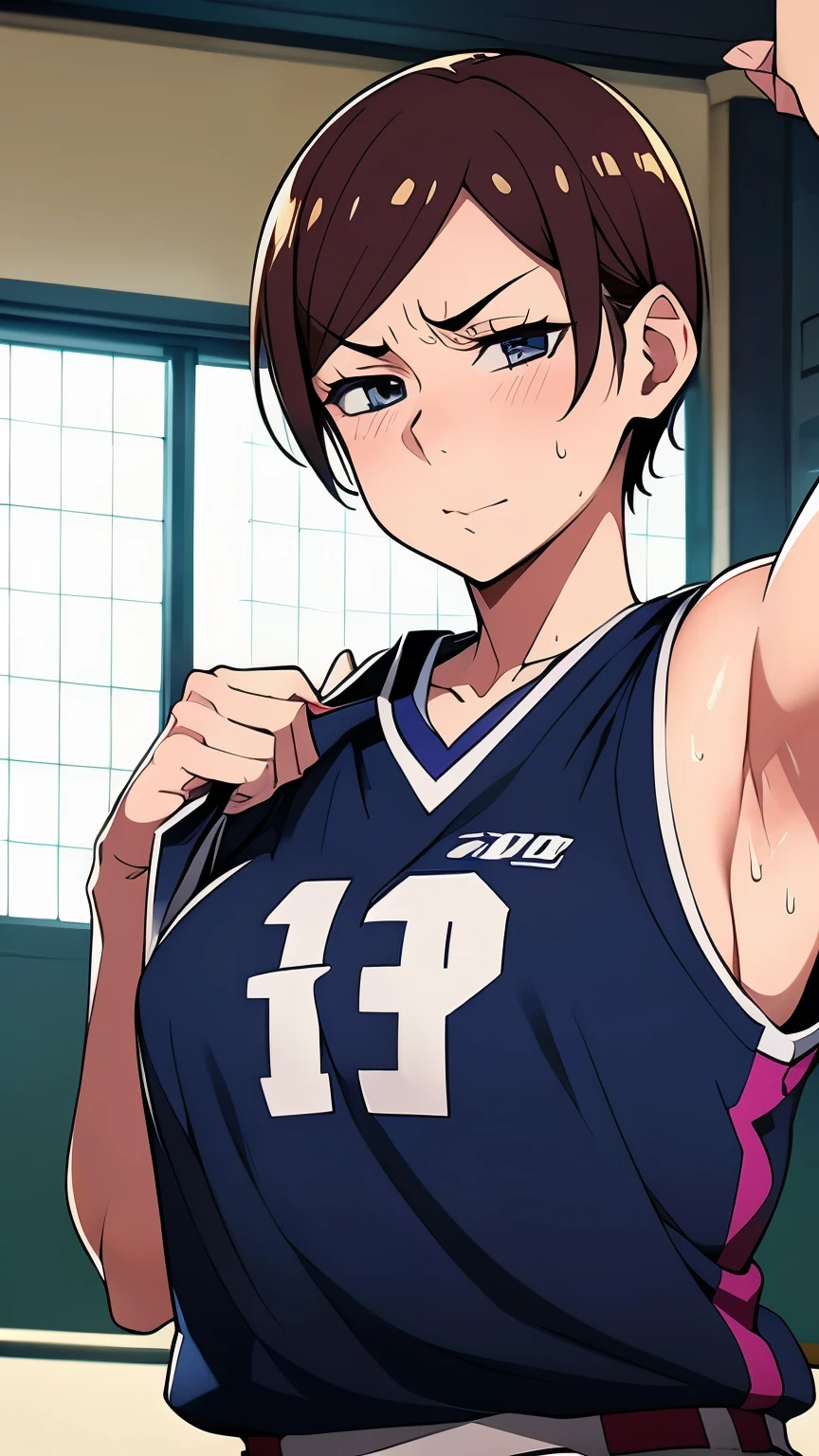 a close up of a person wearing a basketball uniform, a picture, inspired by Kentaro Miura, trending on pixiv, kugisaki nobara, wearing nba jersey, wearing a low cut tanktop, wearing tanktop, tanktop, golden raito, (winking), shirobako, large)}], favorite scene, fine details. anime. skins, sweating, big breasts, hands up, armpits, armpits visible, dripping with sweat