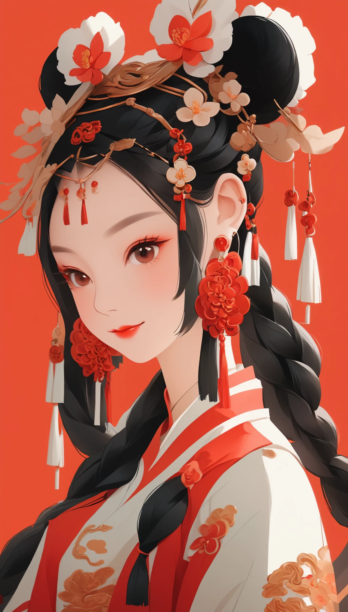 whole body，flat illustration style of a cute Chinese girl, double braided pigtails black hair, smiling, wearing earrings, close-up，Modern minimalist，red background