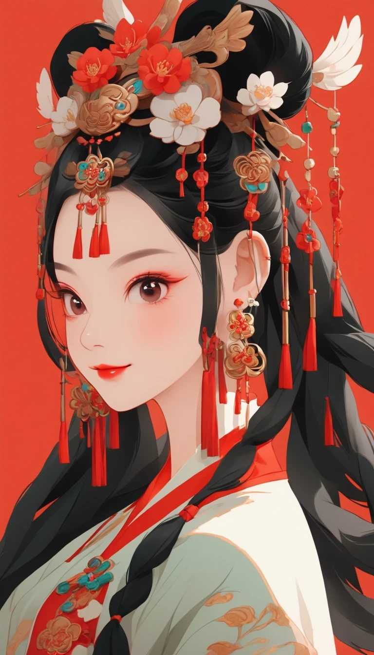 whole body,flat illustration style of a cute Chinese girl, double braided pigtails black hair, smiling, wearing earrings, close-up,Modern minimalist,red background