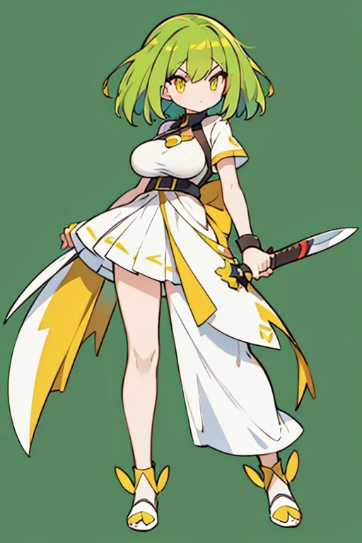 human jukaine pokemon; big breasts;full body;Costume inspired by Sceptile Pokémon;female;yellow eyes;green hair;No background;background white;knife
