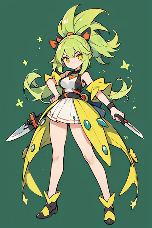 human jukaine pokemon; big breasts;full body;Costume inspired by Sceptile Pokémon;female;yellow eyes;green hair;No background;background white;knife