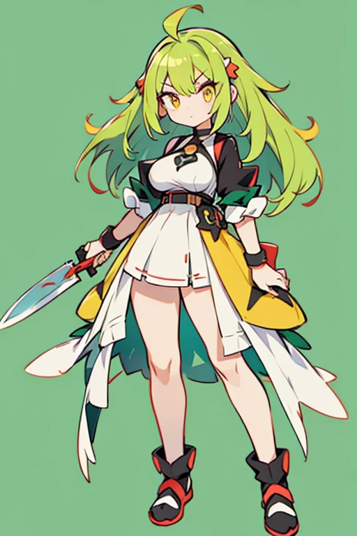 human jukaine pokemon; big breasts;full body;Costume inspired by Sceptile Pokémon;female;yellow eyes;green hair;No background;background white;knife