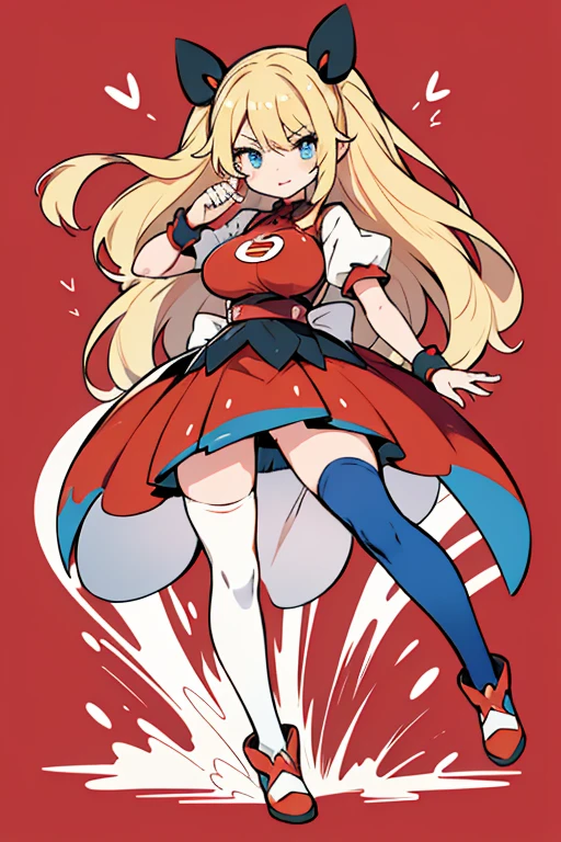 Human Bashamo Pokemon; big breasts;full body;Costumes inspired by Bashamo Pokemon;fighting;Red clothes;blue eyes;blonde;gal;Thighhighs;background white;No background