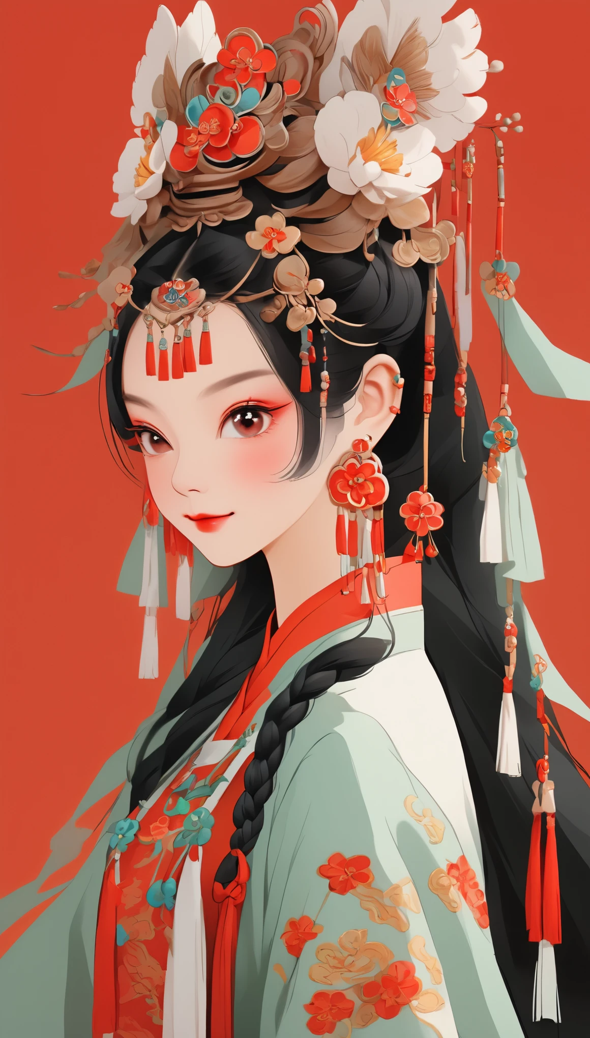 in style of Hippie fashion design, portrait, beautiful detailed，whole body，flat illustration style of a cute Chinese girl, double braided pigtails black hair, smiling, wearing earrings, close-up，Modern minimalist，red background