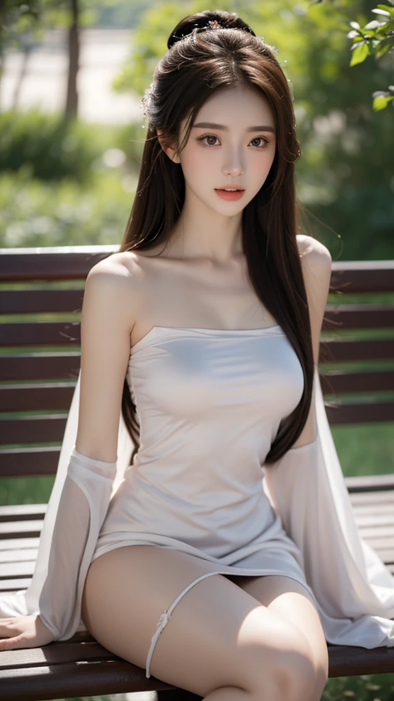 (1girl:1.3), sexy pose, slim body, (photorealistic:1.4), (masterpiece, top quality, best quality, official art), extreme detailed, highest detailed, (ultra-detailed), ((an extremely delicate and beautiful)), cinematic light, (realisticlying:1.3), (highdetailskin:1.2), high resolution, 8K UHD, 4K, 8K, Bokeh, digital SLR camera, absurderes, Optimal proportions of four fingers and one thumb, in the park with trees,sitting on bench, ((silky long hair)), (brown hair), tears, beautiful face, perfect face, highly detailed beautiful face, Cute, shy,blush, dynamic angle, from above,looking at viewer, wearing Tulle Overlay Camisole dress