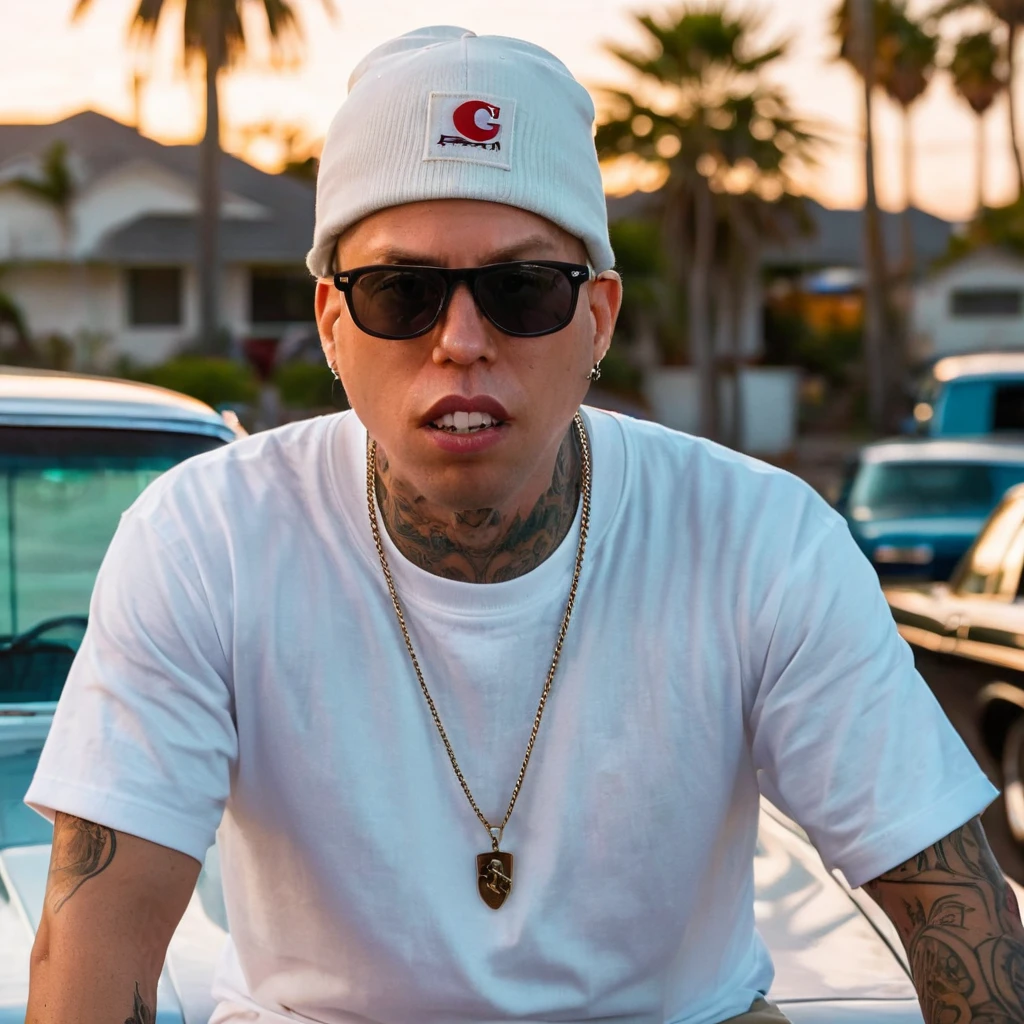 coopie, a 90s style west coast gangster with tattoos on face, tattoo over left eye, wearing white t-shirt, backwards hat, baggy tan khaki pants, white sneakers, face tattoos, neck tattoos, full body, tattoos, wearing a beanie and sunglasses, snarled lip, raised eyebrow, aggressive look, lowriders in the background, lowrider bikes in the background, depth of field, god rays, masterpiece, highres, super detail, accurate, no red, no blue, no purple, no yellow, palm trees, beach sunset, multiple views
