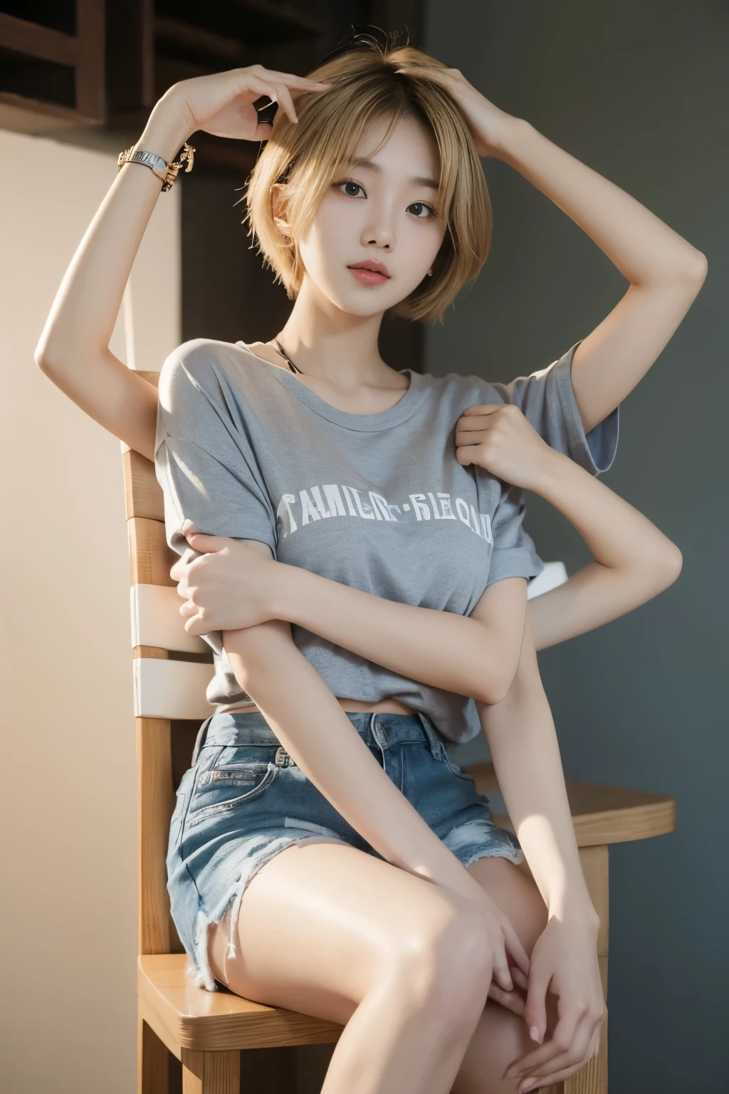 a young korean woman with short fluffy hair, blonde hair, loose tshirt and shorts, sitting on a stool, natural lighting, (chin on hands, arms crossed), (4arm:1.4)