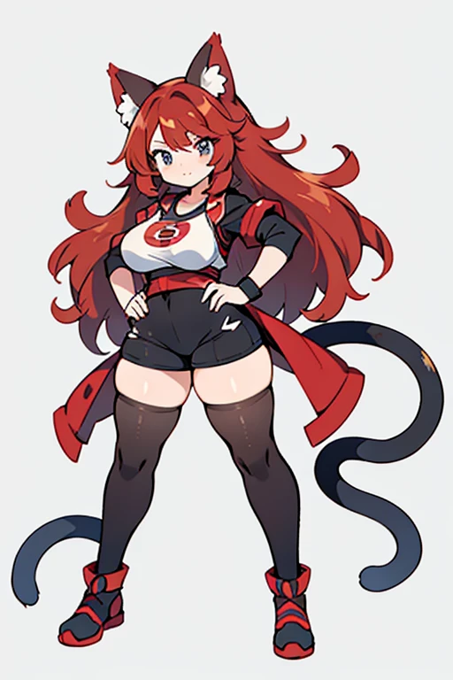 Human Gaogaen Pokemon; big breasts;full body;Costumes inspired by Gaogaen Pokemon;wrestling;female;black eye;Red hair;No background;background white;Cat ear;thick thighs;black tights