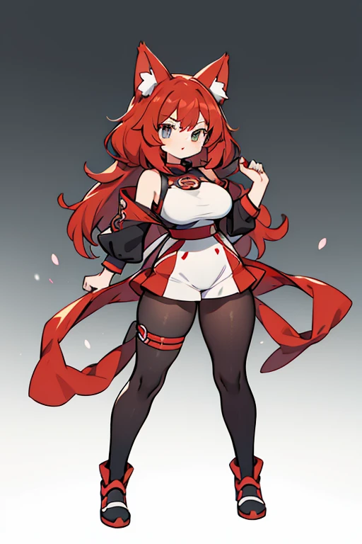 Human Gaogaen Pokemon; big breasts;full body;Costumes inspired by Gaogaen Pokemon;wrestling;female;black eye;Red hair;No background;background white;Cat ear;thick thighs;black tights