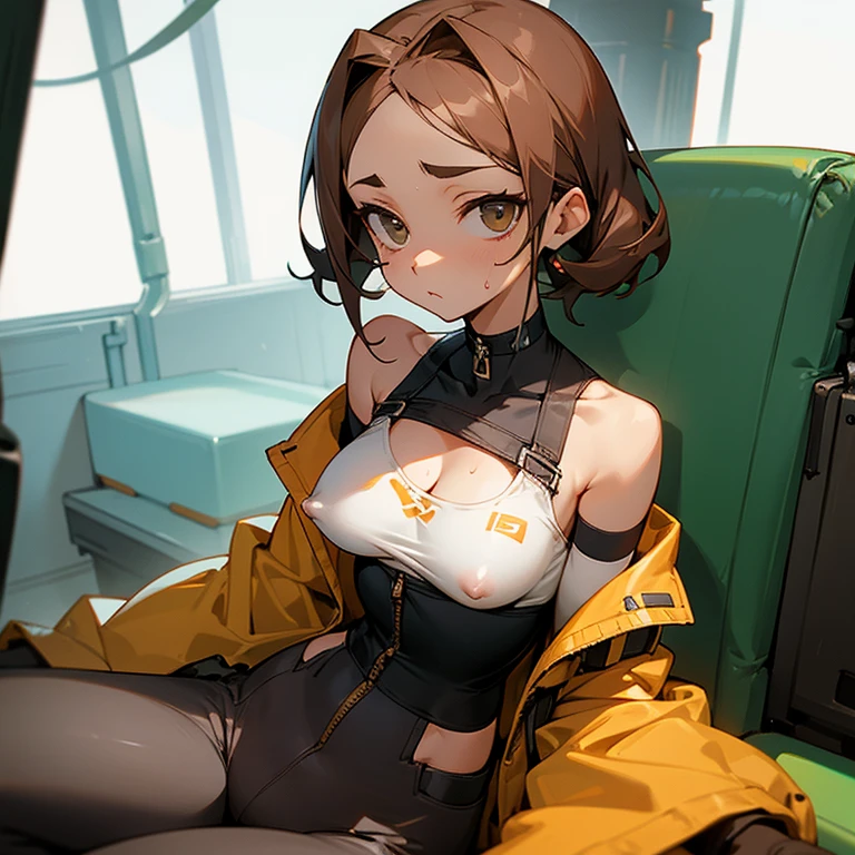 sitting、slender、big breasts、Feel the presence of the nipples、Goggles on foreheadをつけている、small ass、A slender and delicate mechanic girl、Roomy clothes、Dowel dowel trousers、oversized cargo pants、It&#39;s a bellybutton、Front zip high neck top、super cutout design、bare shoulders、off shoulder、work gloves、Goggles on forehead、hold a wrench in one hand、brown skin、Middle hair、slender、big breasts、cleavage、choker、high leg pants、hot air、Sweat、
