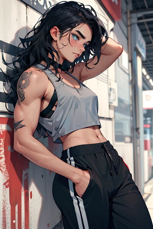 Generate a female 25 year old Goth which is muscular and visits the Gym regularly. She is around 2 meters tall and has blue Eyes She has long black hair and not much makeup. Her eyes look a bit tired and she has freckles. Black Tattoos cover her shoulders. Clothing wise she has a black Tanktop which does not cover her six-pack and she also wears grey sweatpants. A bulge from her large dick is visible underneath the clothing. The Art style should be inspired by Puffyart. Also she has a huge cock which pushes against her Sweatpants.