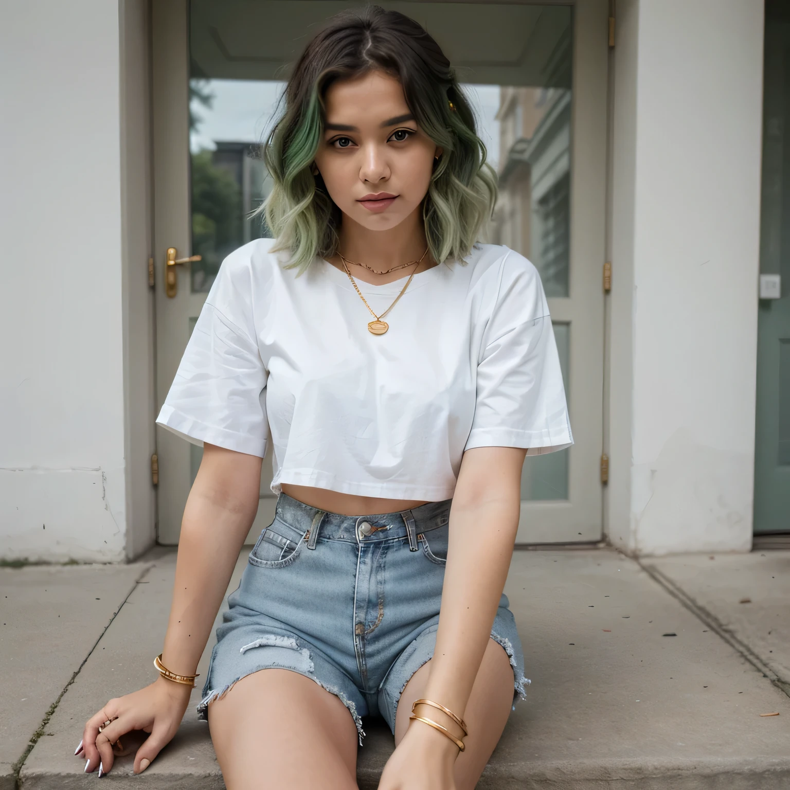 1girls, Nur, green Hair , 24 years old ,White oversized shirt - Blue high-waisted mom jeans - White sneakers - Gold delicate necklace and bracelets - Short wavy hair style