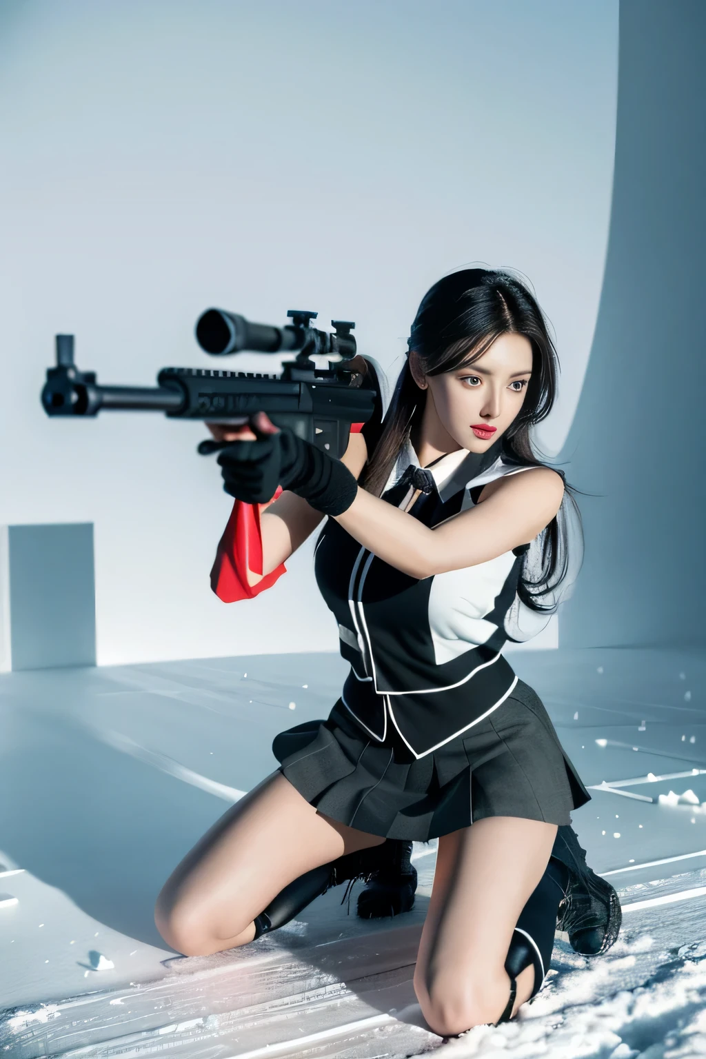 ((best quality)), (masterpiece), lifelike, photorealism, A girl kneels and takes aim with an assault rifle, mini skirt, (thigh), lifelike, High resolution,snow background, looking into camera, (Detailed face), long black hair, Vest, gun, jewelry，black gloves, Fingers are covered