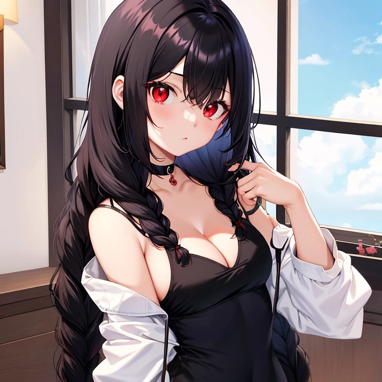 Anime art, a girl Dark black long pony hair, sexy, Wear open white clothes, bare shoulders, Ideal body, In the house, Hot, Two braids Hair, Big breasted, Close view, Slightly visible cleavage, Red eyes, red eyes, Dark black hair, cute face, face,