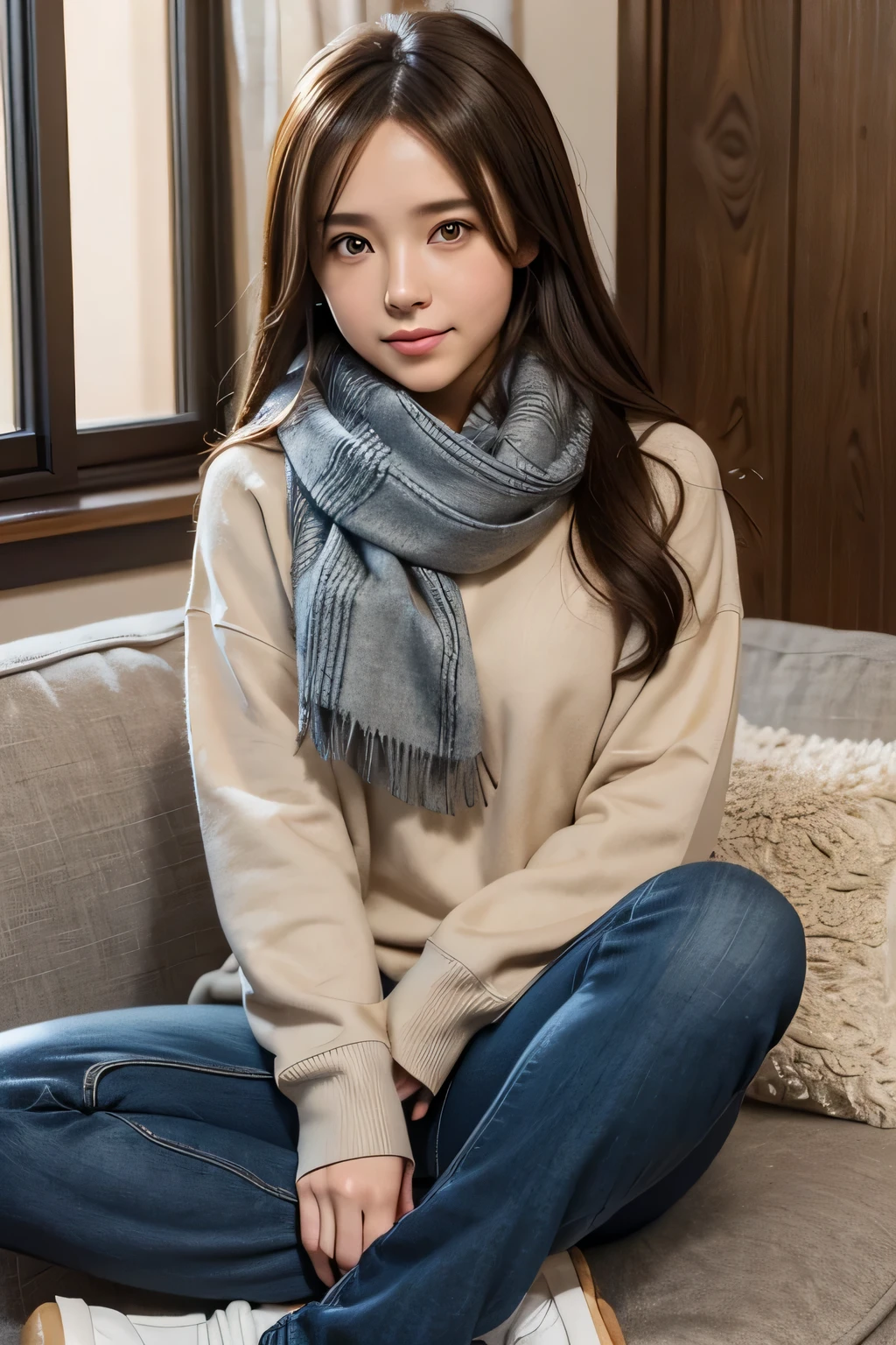 bell, anime, brown hair, medium breasts, brown eyes, light smile, jeans, scarf, gray sweatshirt, blue pants, sitting, Cross-legged, Inside the smart home, sitting on the couch, Asada Shino's face, anime Sword Art Online, highest quality