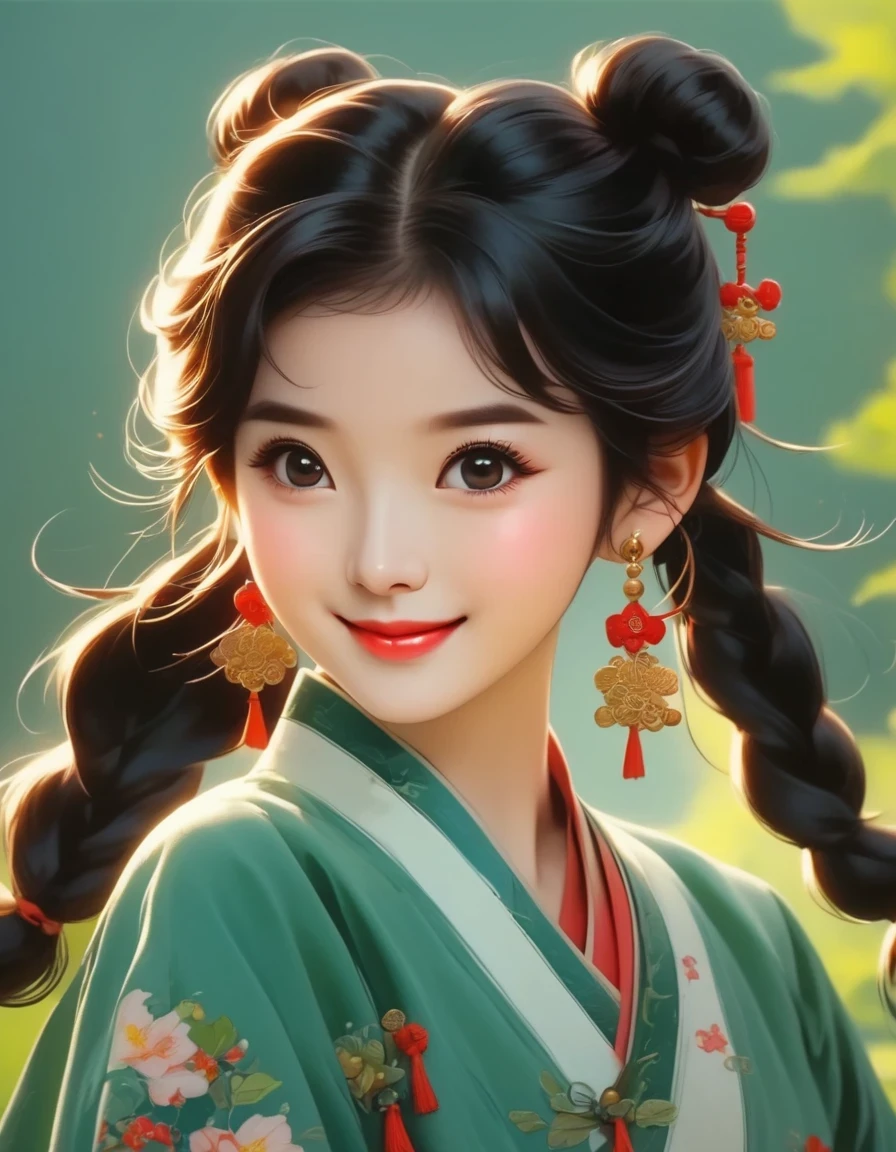 flat illustration style of a cute Chinese girl, double braided pigtails black hair, smiling, wearing earrings, close-up