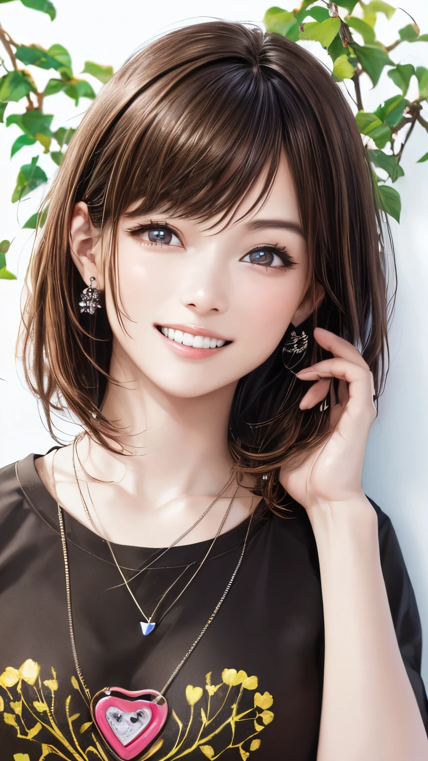 (highest quality、8K、32k、masterpiece)、(realistic)、(Photoreal:1.2)、(High resolution)、Super detailed、very beautiful face and eyes、1 girl、round and small face、thin waist、delicate body、(highest quality、high detail、Rich skin details)、(highest quality、8K、oil paint:1.2)、Super detailed、(realistic、realistic:1.37)、bright colors、(((flaxen hair)))、(((medium hair)))、(((full body shot)))、(((pure white wall background)))、(((pure white wall background)))、(((I&#39;m smiling)))、(((wearing a brown T-shirt)))、(((He looks like he&#39;s having fun)))、(((Teeth are visible)))、(((wearing a heart necklace)))、(((I'm touching my head)))、(((Botanical pattern T-shirt)))、brown clothes