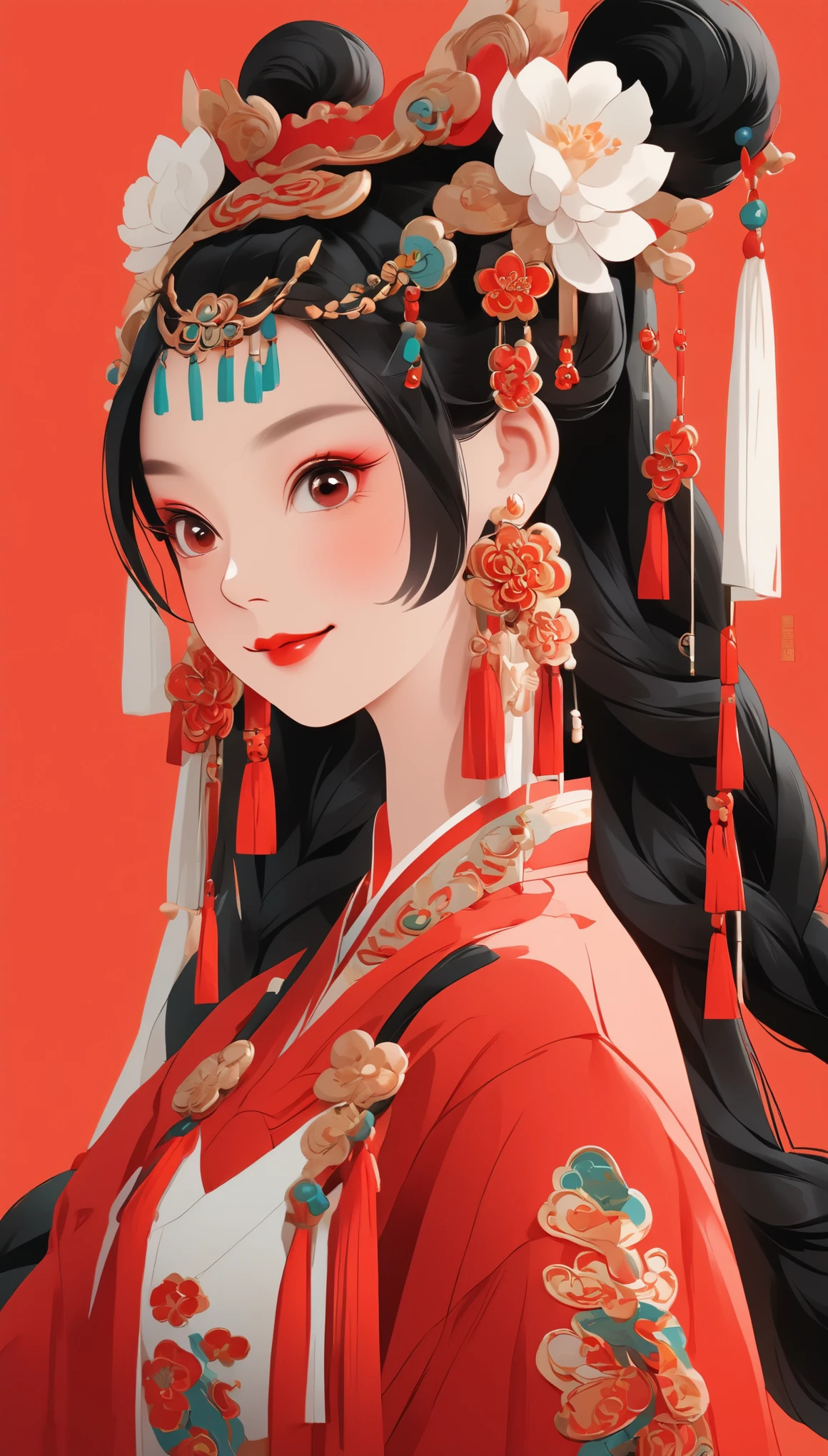 vector art，whole body，flat illustration style of a cute Chinese girl, double braided pigtails black hair, smiling, wearing earrings, close-up，Modern minimalist，red background