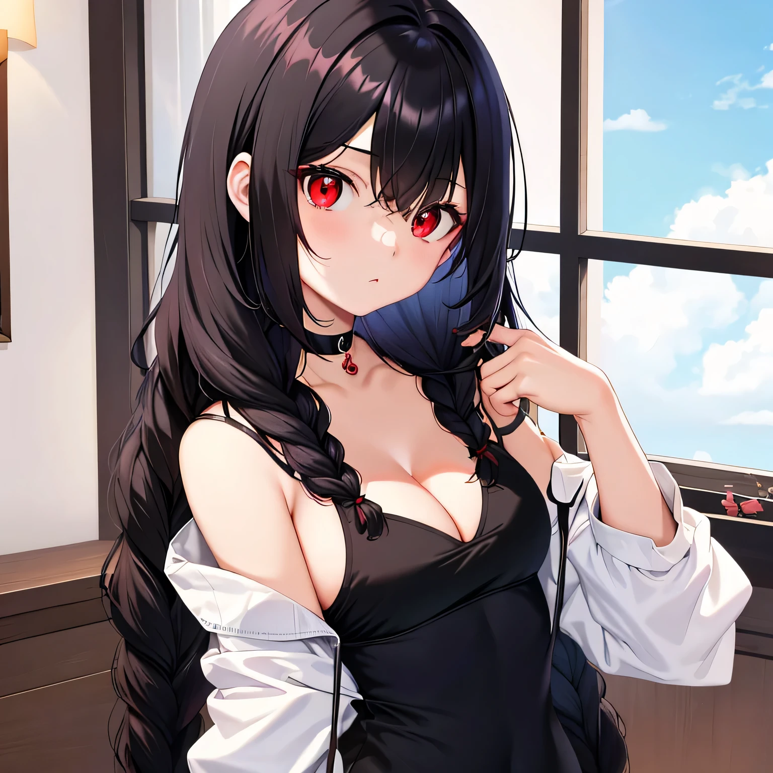 Anime art, a girl Dark black long pony hair, sexy, Wear open white clothes, bare shoulders, Ideal body, In the house, Hot, Two braids Hair, Big breasted, Close view, Slightly visible cleavage, Red eyes, red eyes, Dark black hair, cute face, face,
