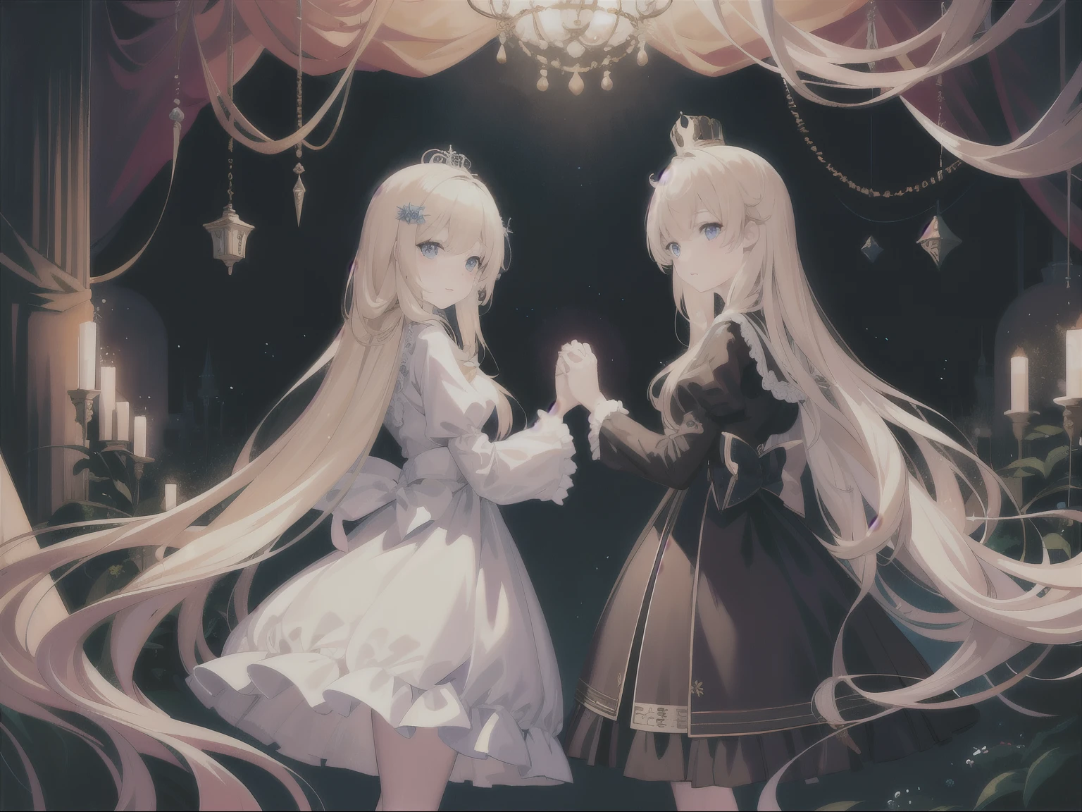 masterpiece, highest quality,2 girls,cute,cute,floating hair, golden hair, long hair, hair tip wave, hair down, transparent, light blue eyes, 白いfrills,classical dress, lolita, mirrorの国のアリス, small crown, Queen様, 黒いlolita, purple eyes, mirror, inside the castle, Western-style building,Crystal butterfly,Tyndall effect,evening,cinematic lighting, stirring,dream-like,great scene,shine,chess,Crystal Dream, two girls、holding hands、inside the castle、classical dress、黒いlolita、白いlolita、素晴らしい光沢のある金色のlong hair,blonde, white clothes,frills, small crown, Queen, golden hair, eyes are purple、これはcute甘い女の子です,soft girl, lolita,mirrorの国のアリス, chess, mirrorの部屋, Are standing, mirrorの前にAre standing自分を見て, mirrorに向かってholding hands, from behind, from below, chessの部屋,mirrorの世界に行こうとしている,large room全体が写っている,chess盤, large room