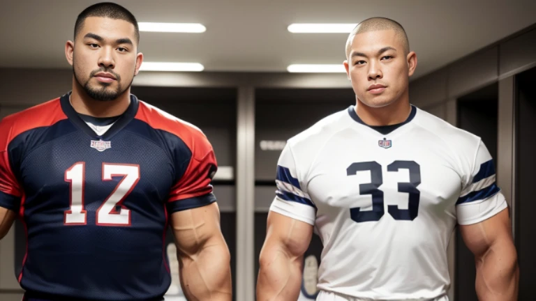 inside club locker room, facing each other, (football jersey:1.2), Japanese man, Chinese man, Korean man, Taiwanese man, manly face, round face, monolid eyes, (buzz cut:1.4), very large and strong body, bulging muscles, very large pectoral muscles, muscular arms, muscular abs, muscular legs, muscular back, brightens oily skin, master piece, realistic, panorama, distant view