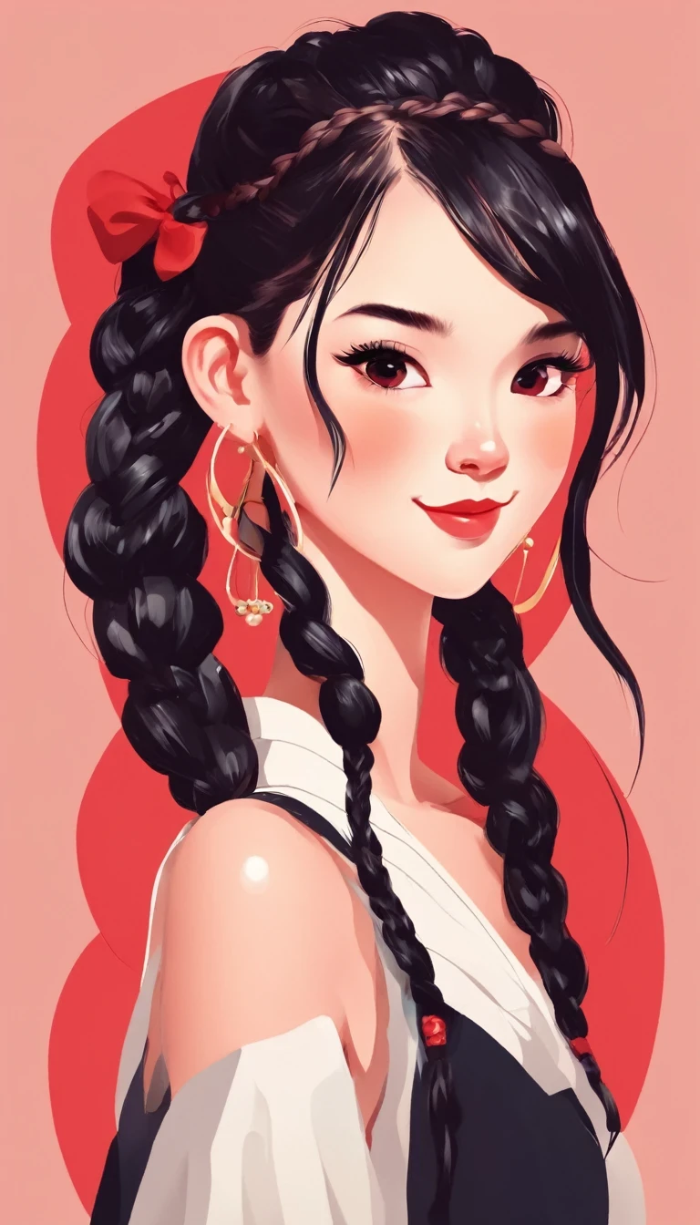 vector art,whole body,flat illustration style of a cute Chinese girl, double braided pigtails black hair, smiling, wearing earrings, close-up,Modern minimalist,red background