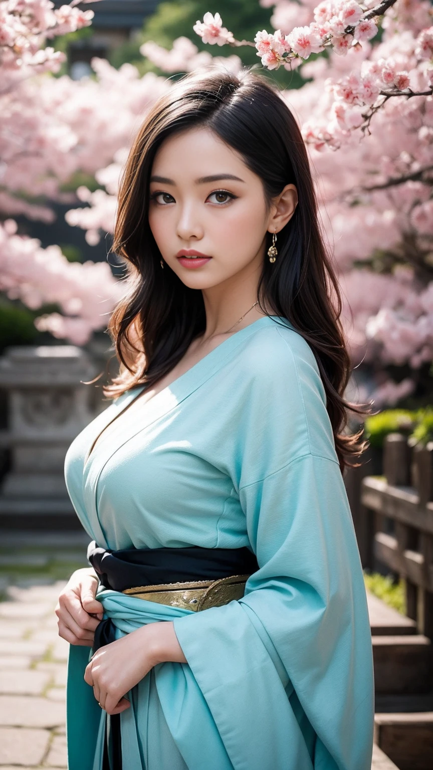 Imagine a captivating scene unfolding in the heart of Kyoto, Japan, where a stunning woman strikes a pose amidst the serene beauty of a traditional Japanese garden. Her presence is rendered with lifelike precision, from the delicate features of her face to the intricate details of her attire. The image is a true masterpiece, captured in stunning 8K resolution with vibrant, cinematic colors that bring the tranquil surroundings to life. As she gracefully poses among the cherry blossoms and ancient pagodas, her elegance adds an enchanting touch to the timeless charm of Kyoto.